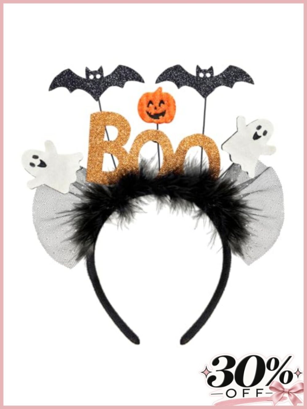 Halloween BOO Ghost Pumpkin Bat Headband Glitter Felt Tulle Feather